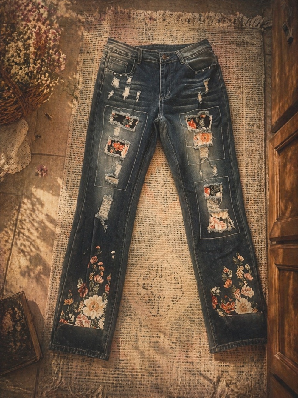 Floral  jeans with distressed details #boho - fits large and under